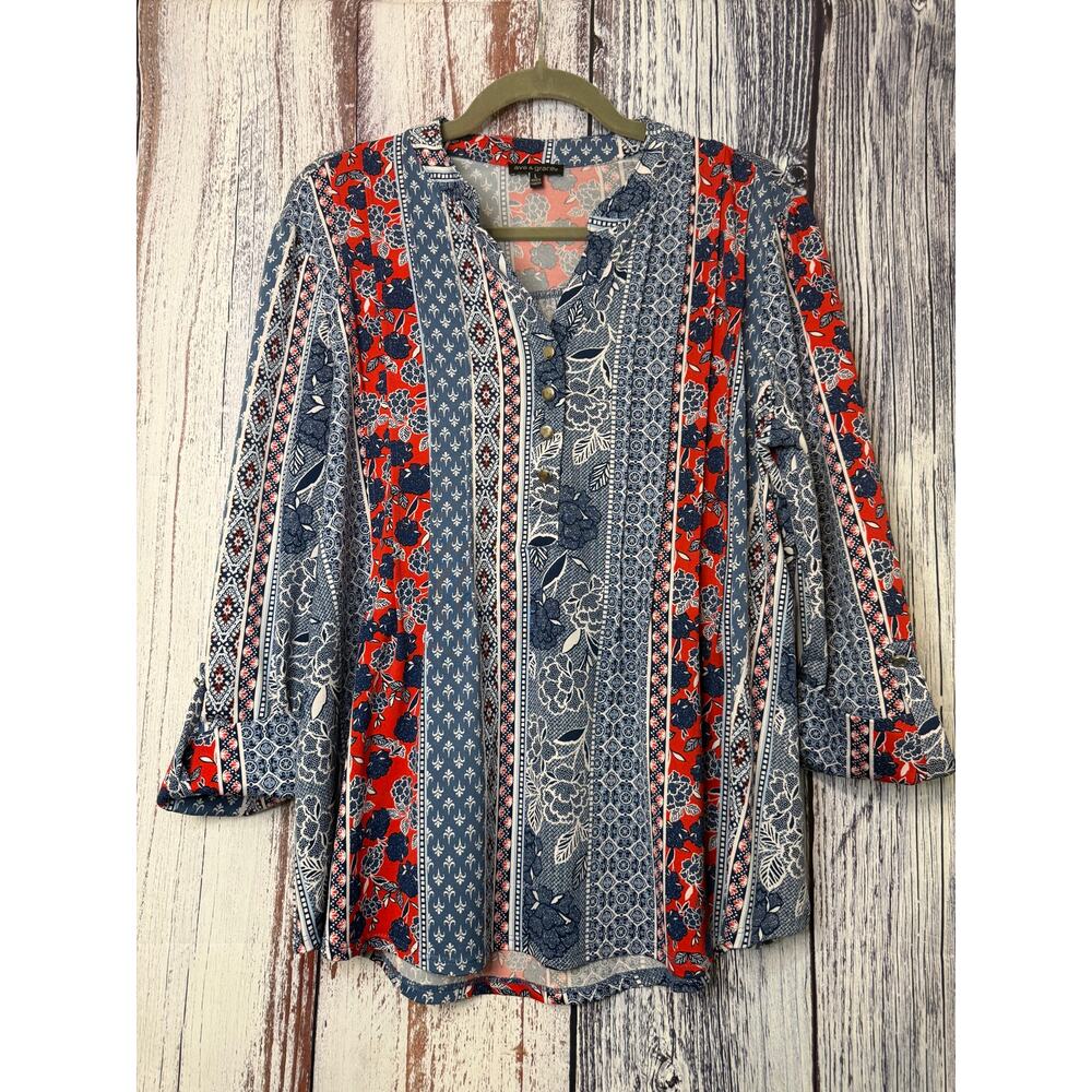 Ava & Grace Blue, Red & White Floral 3/4 Sleeve Blouse Size Medium